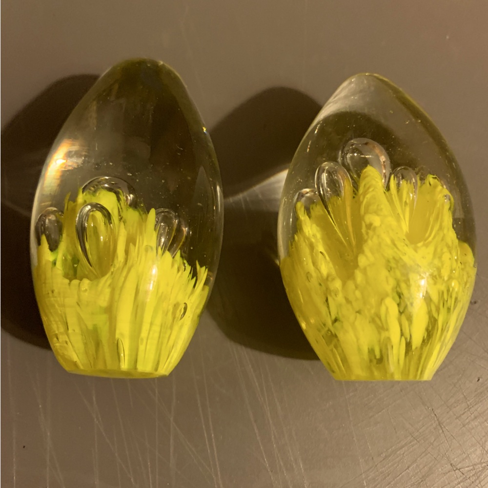 Blown Glass Paper Weights - Clear/Yellow - 3" Teardrop - 2 Total